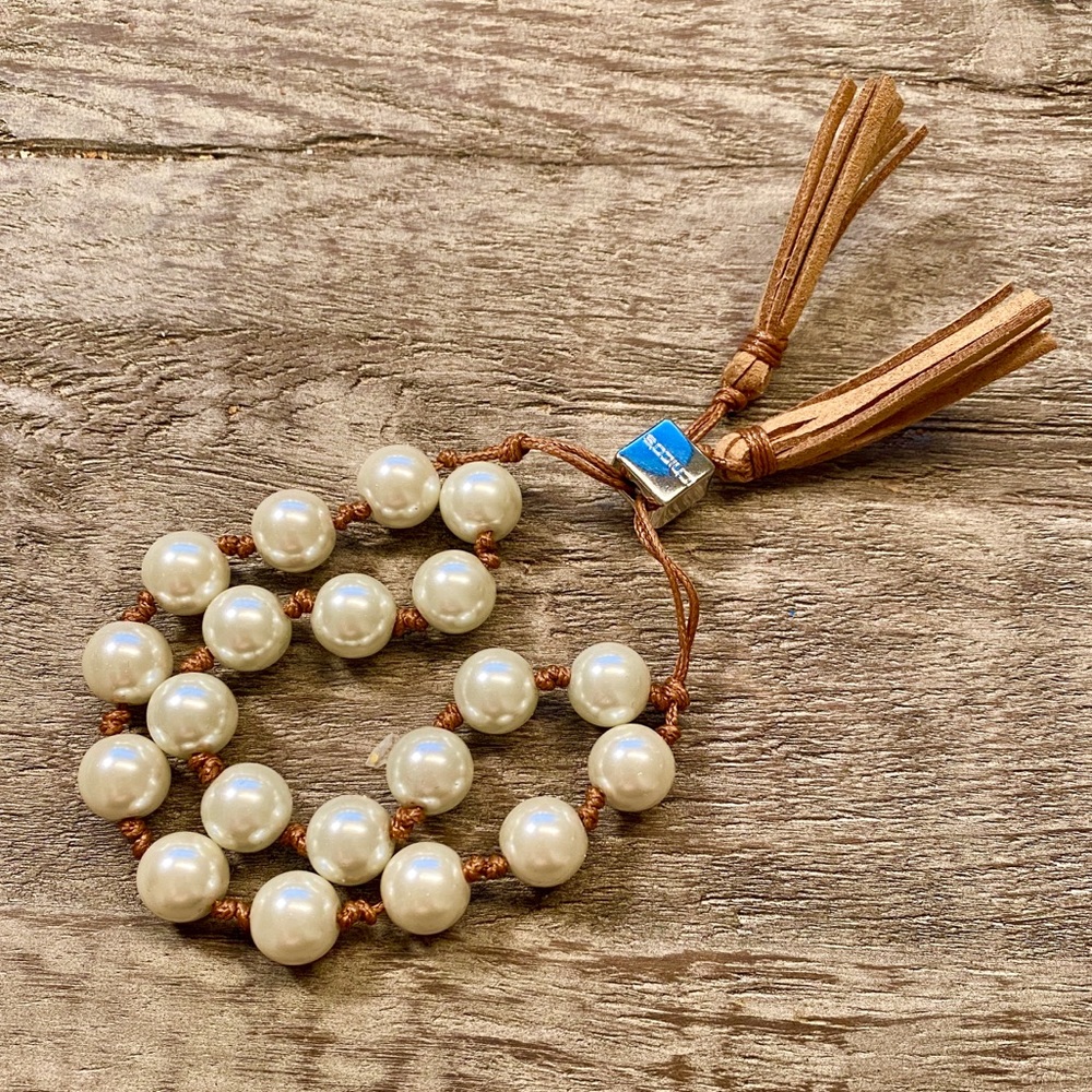 Chico’s Faux Pearl Bracelet with Leather Tassel